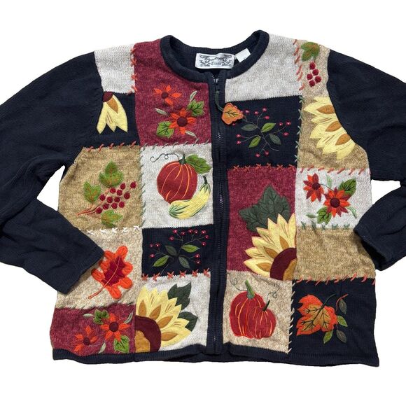 Tiara International Sweaters - Tiara Sweater Women’s Sz XL Black Fall Autumn Pumpkins Leaves Zip-Up Cardigan